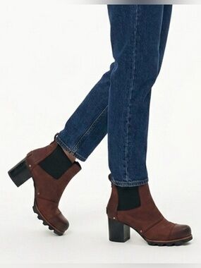 Sorel Addington Waterproof Leather Brown Chelsea Block Heel Ankle Boots